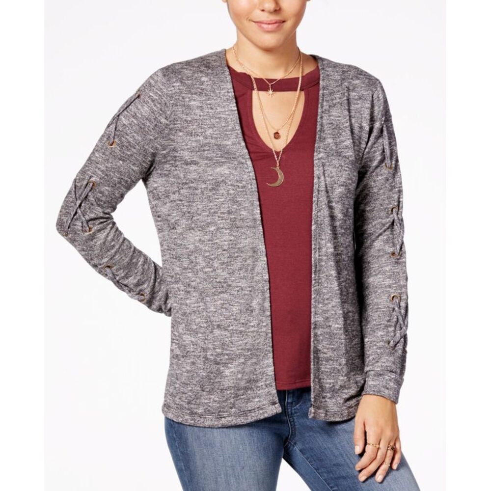 Belle Du Jour Juniors Lace Up Cardigan Graphic T-Shirt Set With Necklace